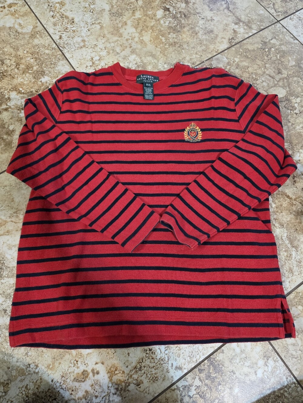 Lauren Ralph Lauren P/S Red & Black Striped Waffle Knit Crest Pullover Shirt